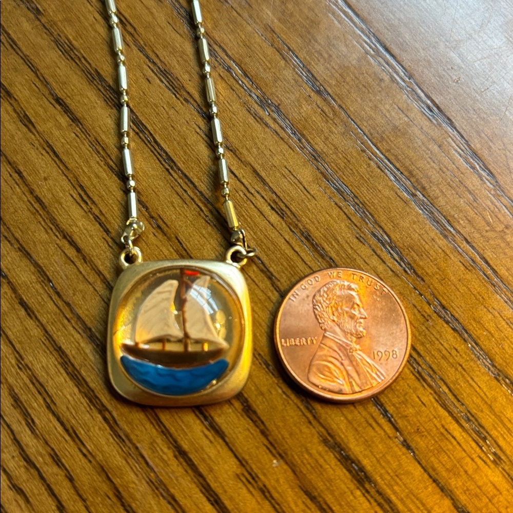 Vintage J. Crew Gold-tone Sailboat Pendant Necklace with Blue Accent